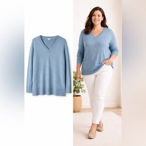 J Jill Merino Wool Sweater Women Large Blue V Neck Lightweight Knit